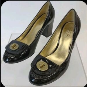 Coach Cybel Vintage Black Brown Patent Leather Turnlock Block Chunky Heels 5.5